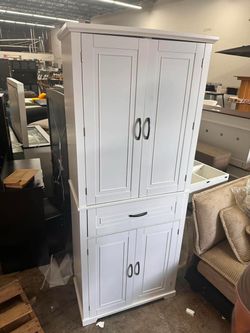29.90 in. W x 15.70 in. D x 72.20 in. H White Linen Cabinet with Doors and Drawer, Adjustable Shelf（Top defect）