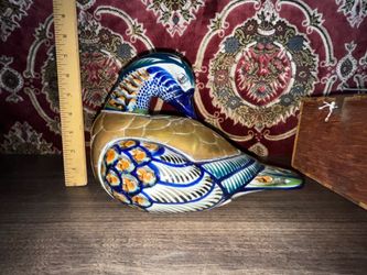 Vintage Majolica & Brass Duck Sculpture