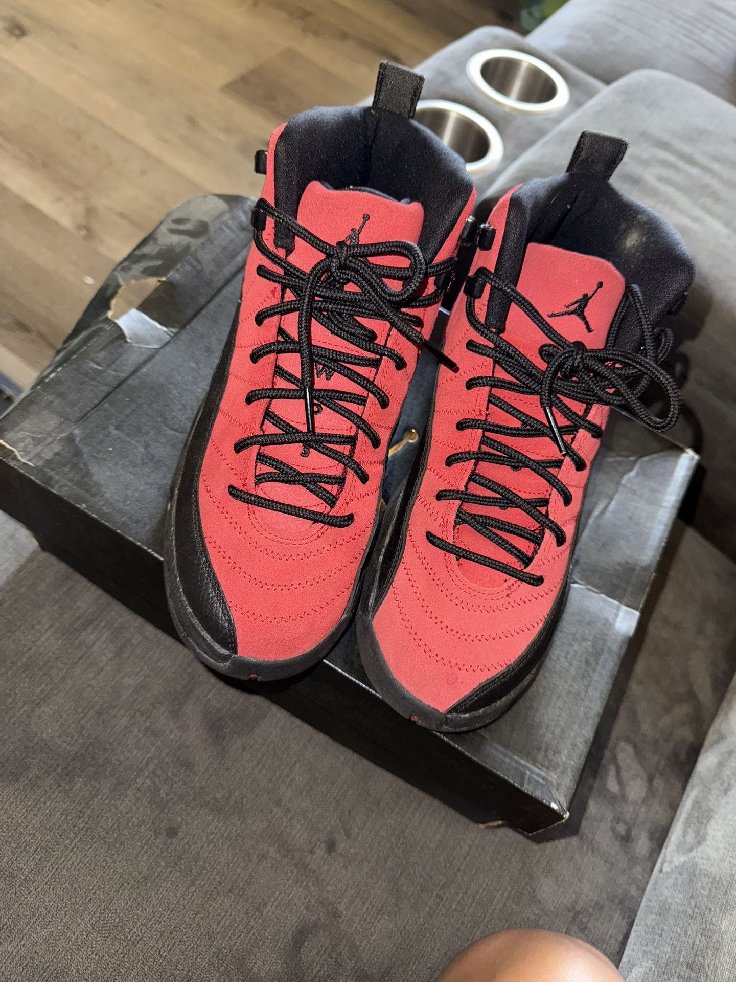 Jordan 12s Red and Black Boys 5.5