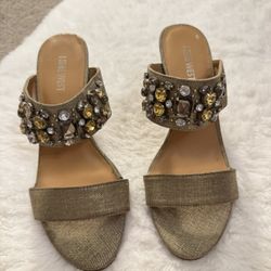 Nine West Rhinestone Gold Wedge Sandals Size 7M