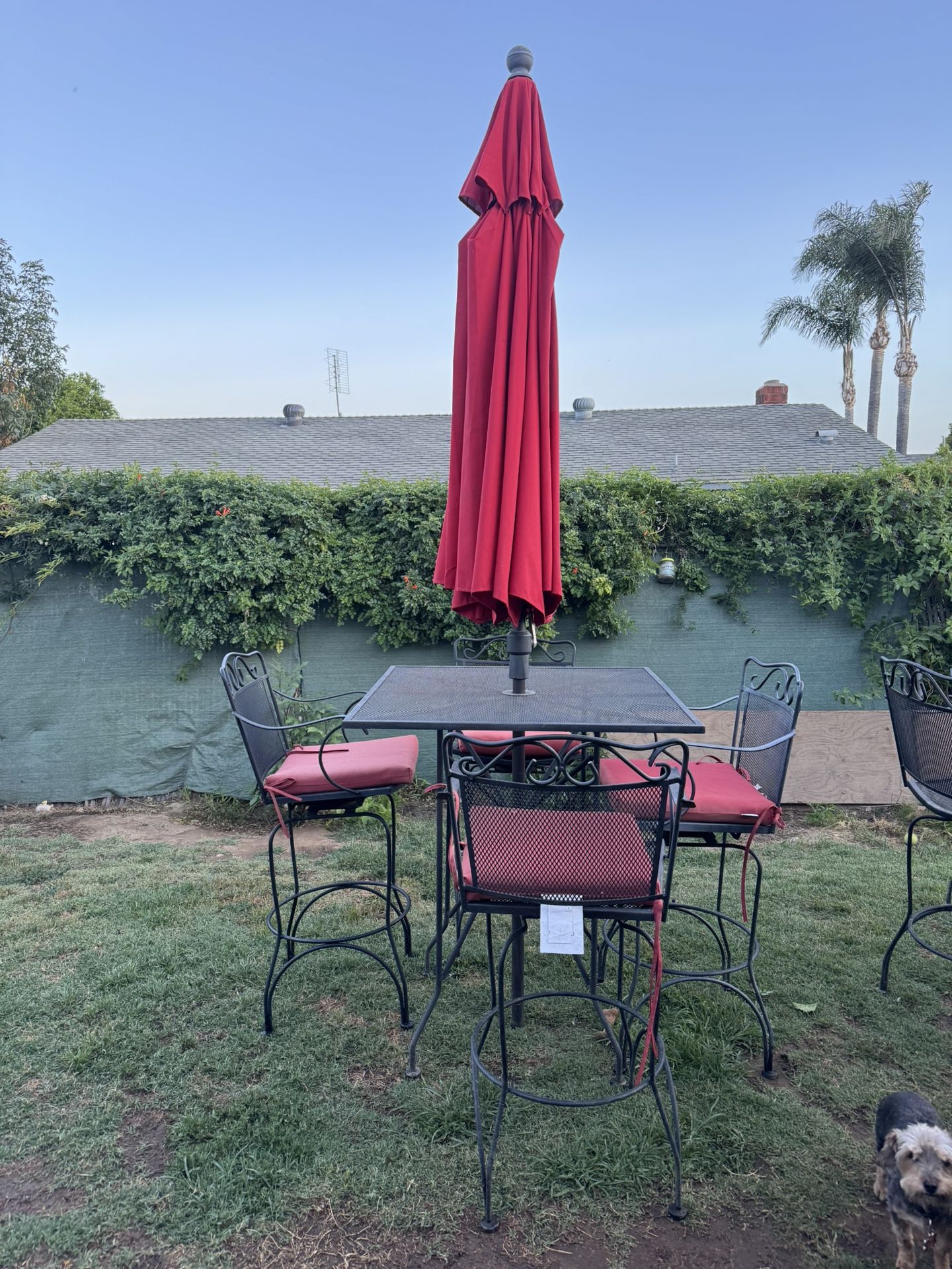Patio Furniture 5 Pieces. Stunning Vintage Wrought Iron square tall Table and 4 Matching stools. Middle Century Furniture.W/ Cushions &10Ft Umbrellas