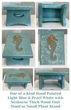 One of a Kind Hand Painted Light Blue & Pearl White w Seahorse Thick Wood Foot Stool/Small Plant Stand
