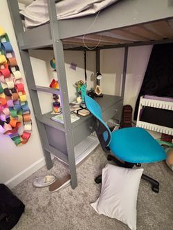 Twin Size Loft Bed with Desk, Shelves & Drawers – Grey –