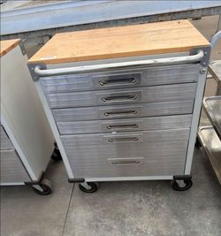 Rolling Metal Tool Cabinet with Wood Top