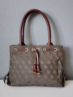 Vintage Dooney & Bourke Signature Mini Tassel Tote – Olive Green & Brown Monogram Canvas