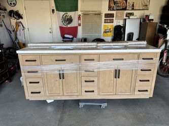 Vanity Marble & Oak 84” X 22” New With Marble Side And Back Splash