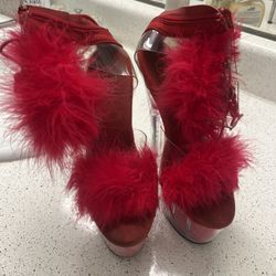 Red Fluffy Pleaser Heels