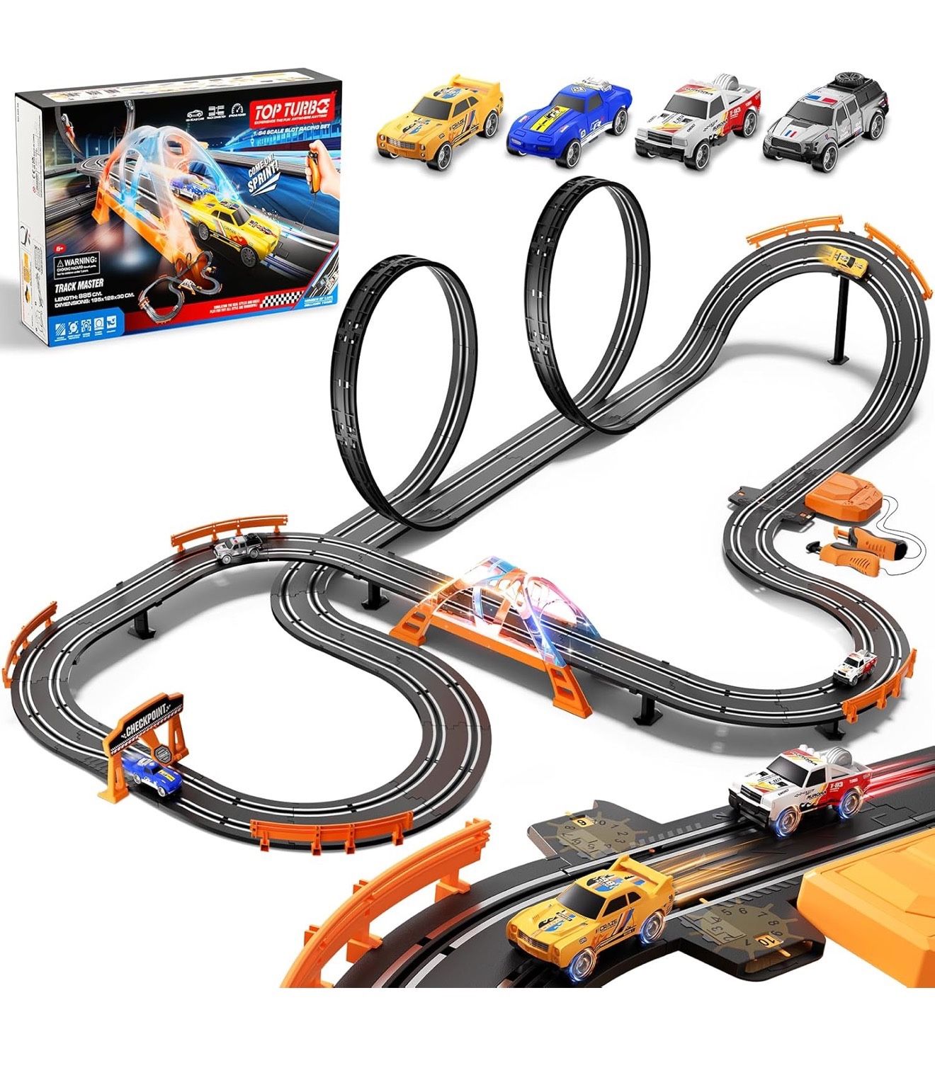 Slot Car Race Track Set for Kids – 29ft Electric Race Car Track with 4 Slot Cars, Dual Racing Tracks, Lap Counter & LED Overpass, Car Track Toy Gift f