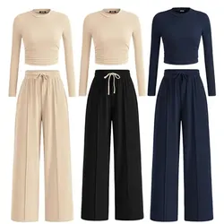 NWT Social Kiwi 2 Piece Wide Leg Pants Set Long Sleeve Top Blouse Women's Size L Large Tracksuit sweater shirt top