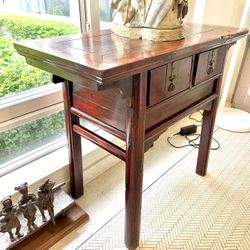 Antique Solid Wood Asian Chinoiserie 2 Drawer Side Occasional  Table