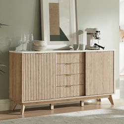 Fluted Buffet Cabinet, 60" Modern Sideboard with Sliding Doors & 4 Drawers, Coffee Bar Table with Storage, Faux Marble Top and Curved Profile Design f