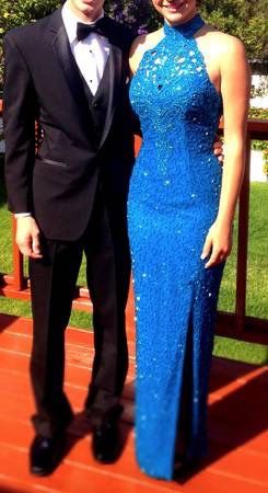 Designer Blue Silk & Beaded Prom Evening Party Bridesmaid Dress Gown - $250