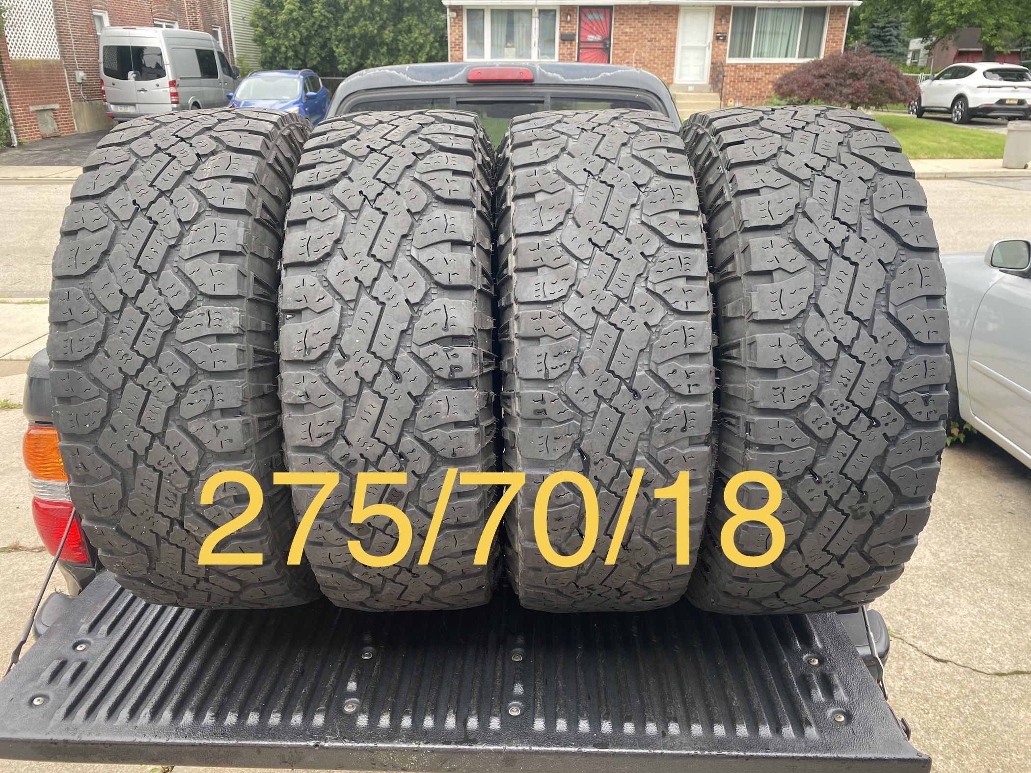 4) 275/70/18 Goodyear Wrangler Duratrac Tires Load Range E Tread measures 6-7/32 $285 for 4 I carry other sizes as well