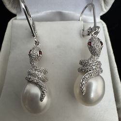Sterling Silver Pearl, Garnet, & ~1/4CTW Diamond Snake Dangle Earrings 