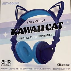 ART+SOUND Kawaii Cat LED Bluetooth Wireless Wired Kids Headphones Blue