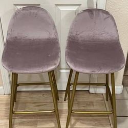 New Set of 2 Counter Height Backed Gold Pink Velvet Fabric Seat