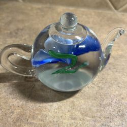 Dynasty Gallery Heirloom Collectible Hand Blown Blue Art Glass Flower Tea Pot
