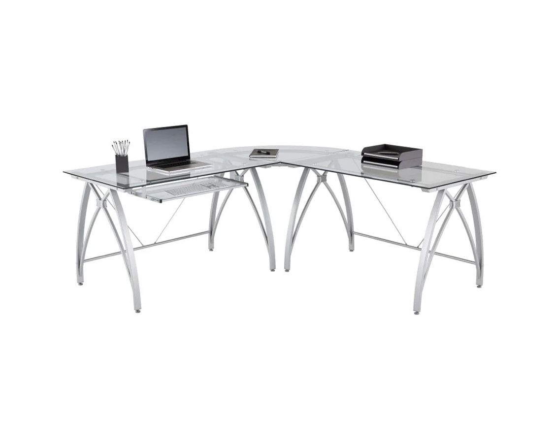 Glass Desk : Realspace Vista Glass 76inW L-Shape Corner Desk, Silver