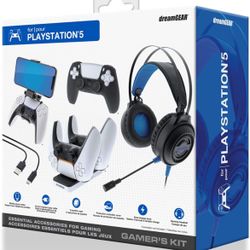 dreamGEAR Gamers Kit for Playstation 5: Gaming Headset with 50mm Drivers, PS5 Controller Charger, Adjustable Phone Mount, USB-C Cable, Protective Cove