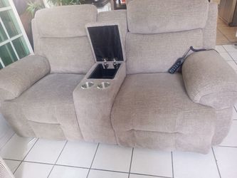 Power Reclining Loveseat with Console and Dining Table with four Chairs