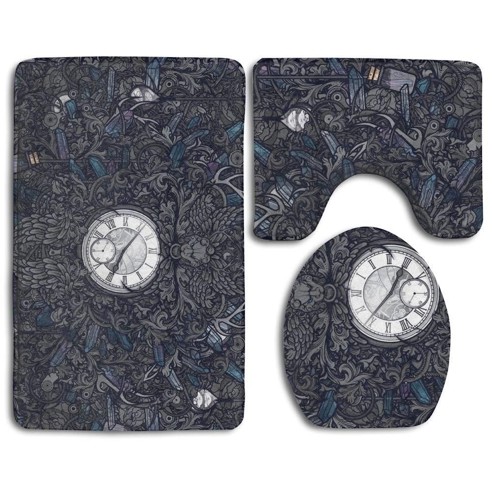 Clock 3 Piece Bathroom Rugs Set Bath Rug Contour Mat and Toilet Lid Cover