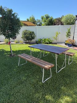 Wood Folding Table with 2 Folding Wood Benches