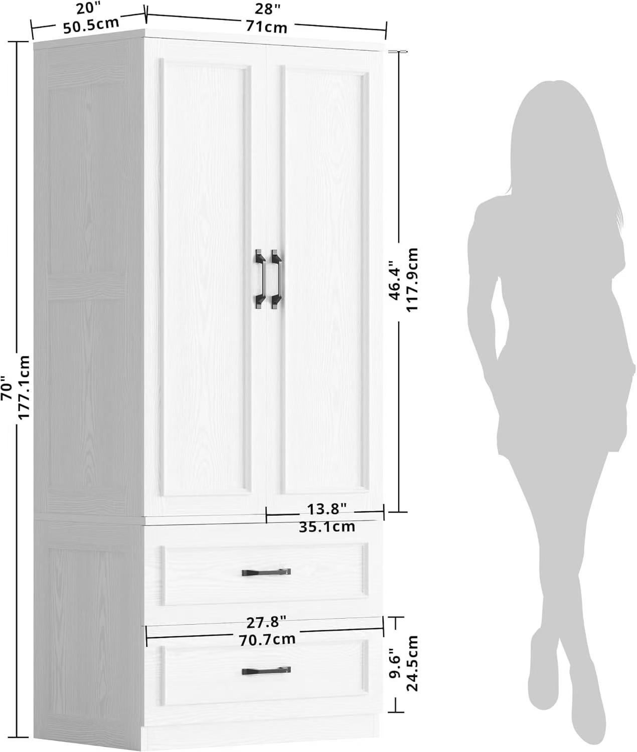 🥨LIKIMIO Armoire Wardrobe Closet with 2 Doors and 2 Drawers 70" H x 28" W Wooden Bedroom Freestanding Wardrobe Combination for Hanging Clothes, White