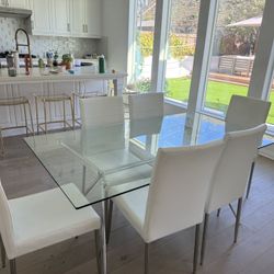 Modern Glass Dining Table & 6 White Leather Chairs (AS-IS)