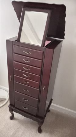 Mirror Wooden Jewelry Cabinet, 7 Drawers, 14 Necklace Hook, 2 Swing Doors (used)