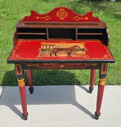 Hand-Painted Equestrian Folk Art Secretary Desk – Three Hands Corp.