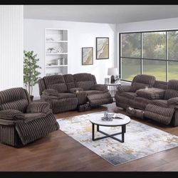 Brand New 3pc Plush Reclining Corduroy Sofa Loveseat Set 