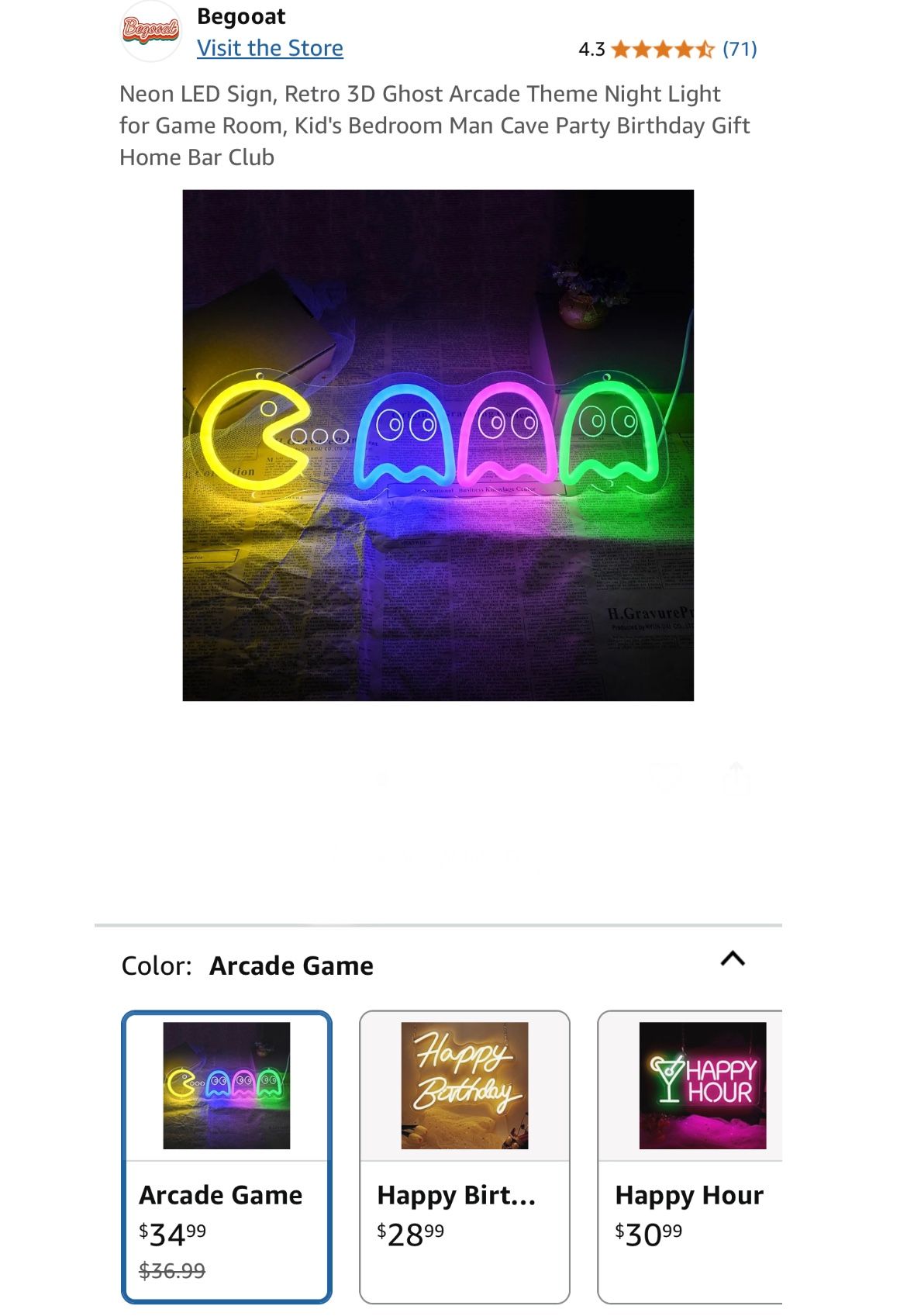 USB Powered LED Neon Wall Hanging Pac-Man Ghost Wall Art Decorative Lamp, MSRP $34.99, Selling For $20
