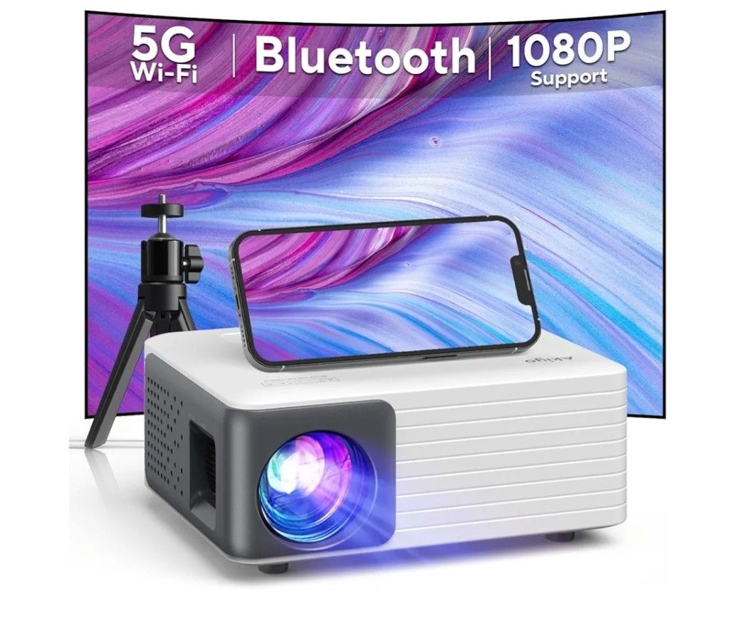 Mini Projector with WiFi and Bluetooth, 1080P Supported Projector with Projector Stand, Portable Movie Projector for Home Theater/Outdoor, Compatible