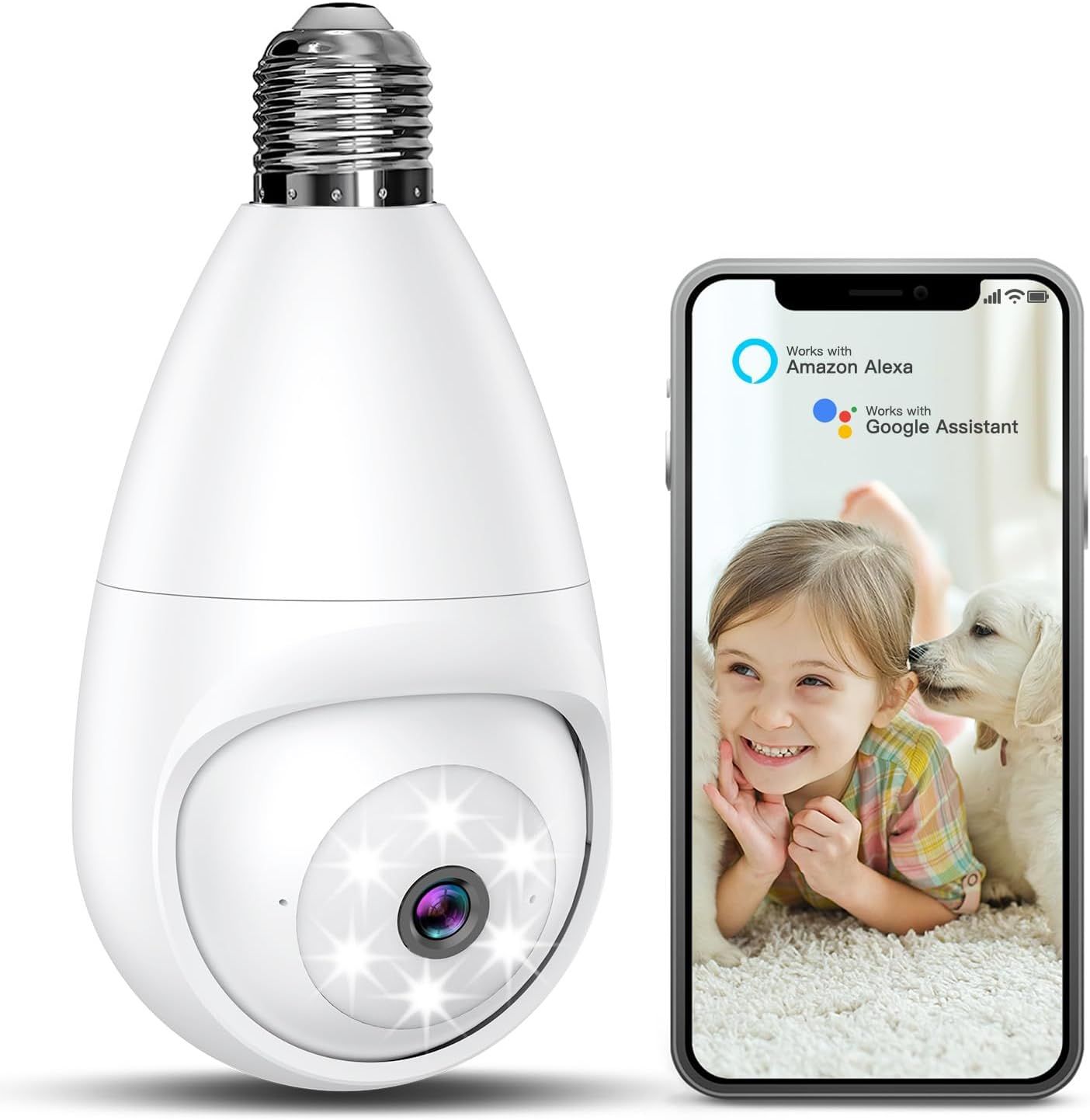 2K Light Bulb Security Camera - 4MP 5GHz & 2.4GHz Light Bulb Camera Built-in 360° PTZ AI Techcial & Night Vision & Motion Detection Light Socket Secur
