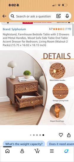 RIALTO- Sylphorium Farmhouse Nightstand with 2 Drawers ONLY ONE