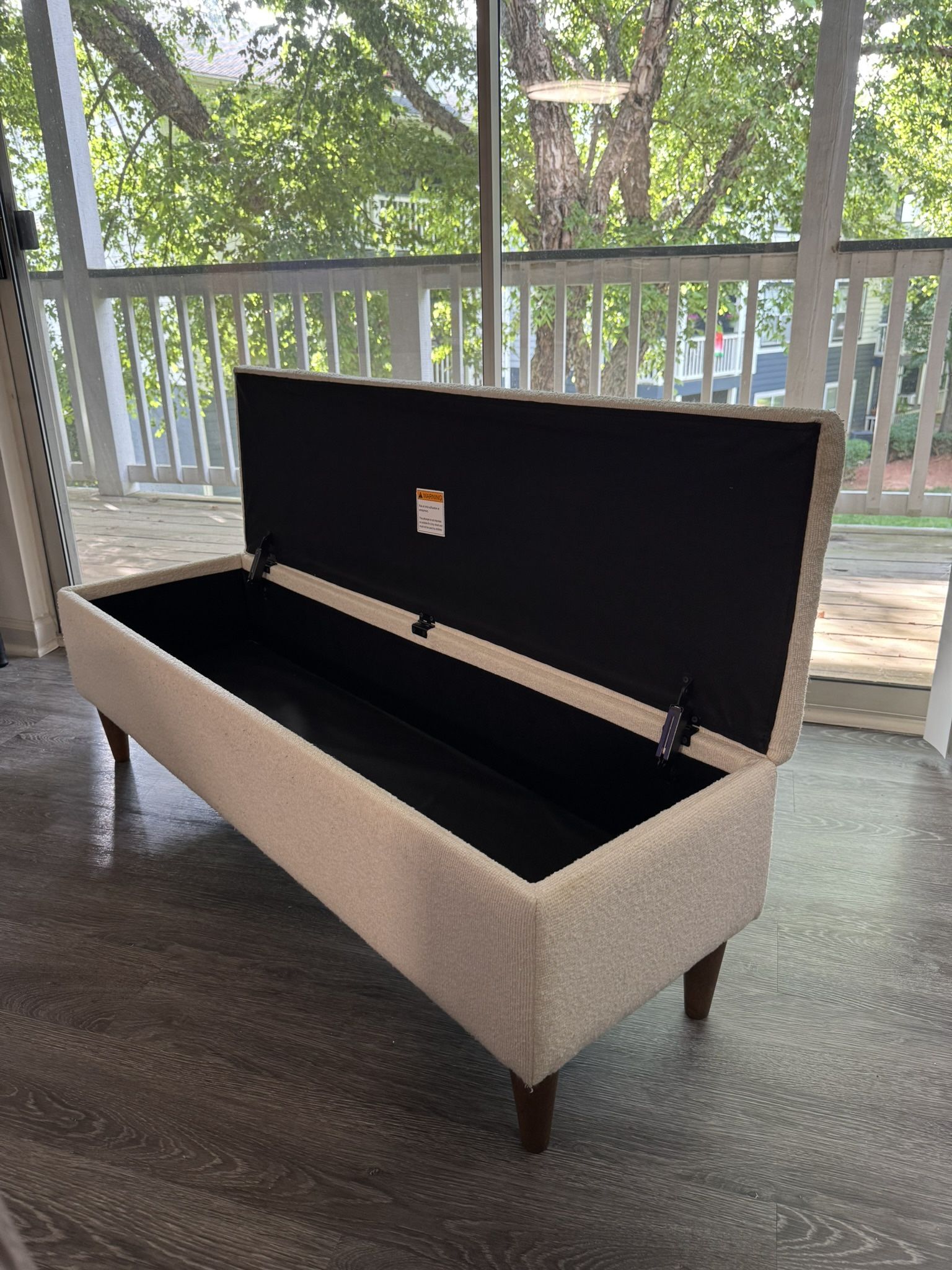 Mid-Century Bouclé Storage Bench – Beige Flip-Top Ottoman Seat with Wood Legs