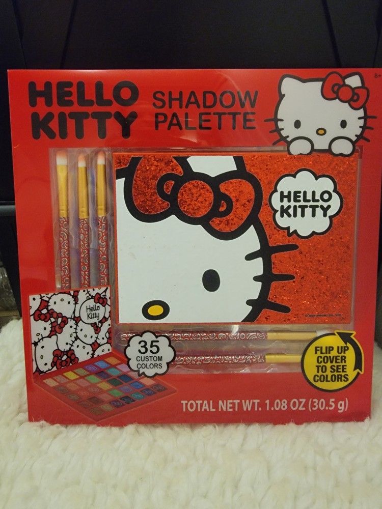 Hello Kitty Eyeshadow Palette Set - 35 Custom Colors, 5 Themed Brushes, Flip - up Glitter Cover, 8+