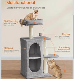 Small Cat Tree Tower with 2 Caves for Multi-Cat Households, Kittens, Scratching Posts, Light Gray UPCT005G01