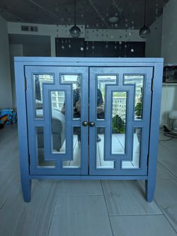 Mirrored 2-Door Accent Cabinet — Blue Fretwork Design w/ Storage — $100