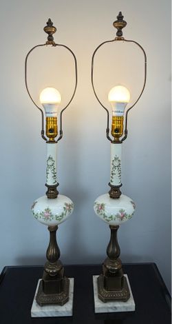 Vintage Victorian Revival Milk Glass & Marble Table Lamps - Pair