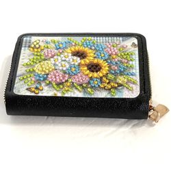Blinged 11-Pocket Faux Leather Card Wallet Sunflower Bouquet NEW