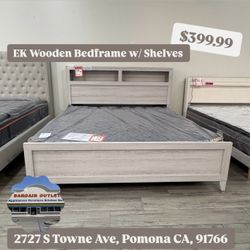 Wooden EK Bed Frame w/ LED Lights & Storage Shelves – Floor Model
