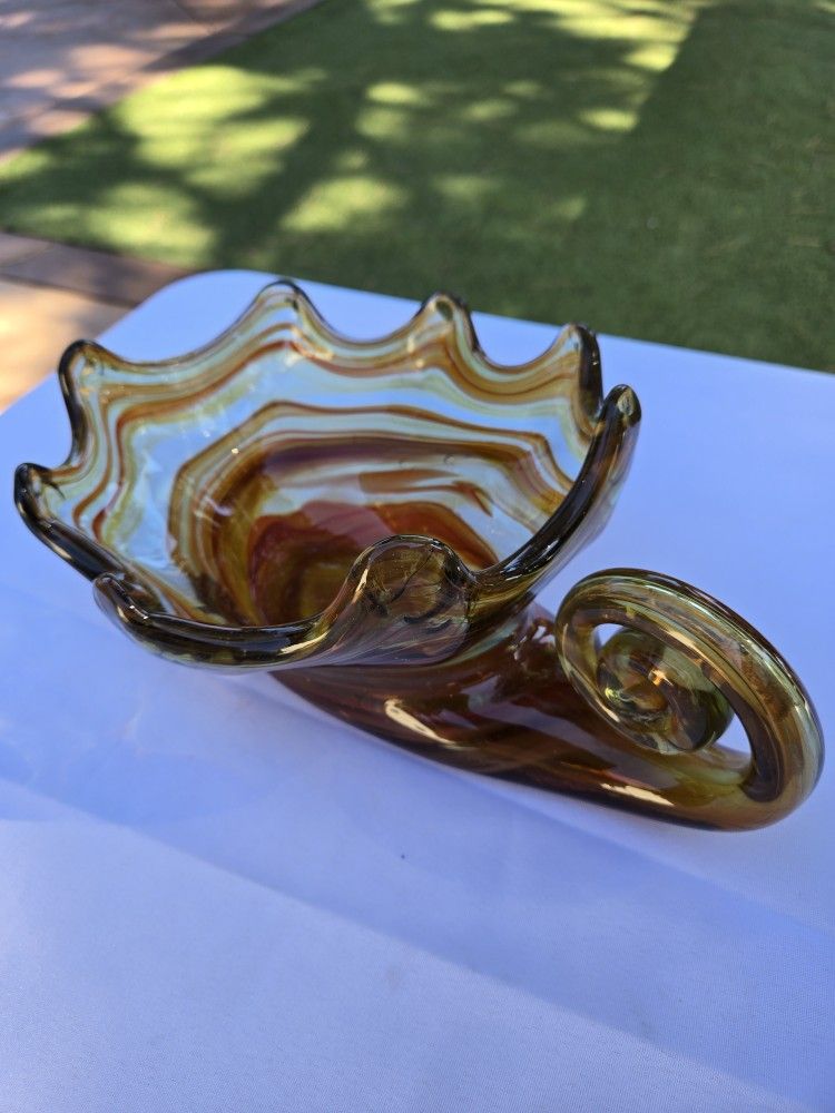 Mid-Century Hand Blown Murano Glass Curved Autom Fruit / Candy Bowl