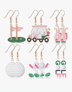 6 Pairs Women’s Golf-Themed Dangle Earrings Set – Golf Cart, Clubs, Ball, Tee & More – New