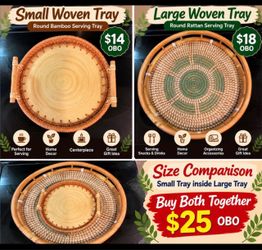Round Woven Bamboo and Rattan Serving Trays Set