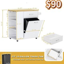 😀 Rolling Kitchen Island with Trash Can Storage, Portable Kitchen Island on Wheels with Towel Rack & Spice Rack, Tilt Out Trash Can Cabinet