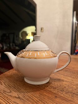 Teapot Gold Greek Key White Large Porcelain Kitchen Decor Geometric Pattern Shabby Chic 2 Available $30 EACH