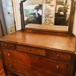 Antique Wooden Dresser With Matching Moving Mirror 