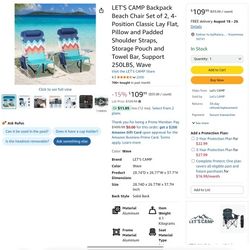 LET'S CAMP Backpack Beach Chair Set of 2, 4-Position Classic Lay Flat