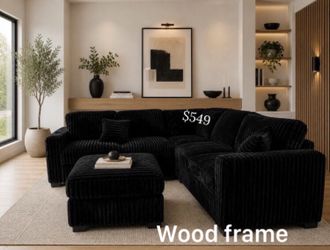 Stylish sectional sofa with ottoman black fur- like jumbo corduroy